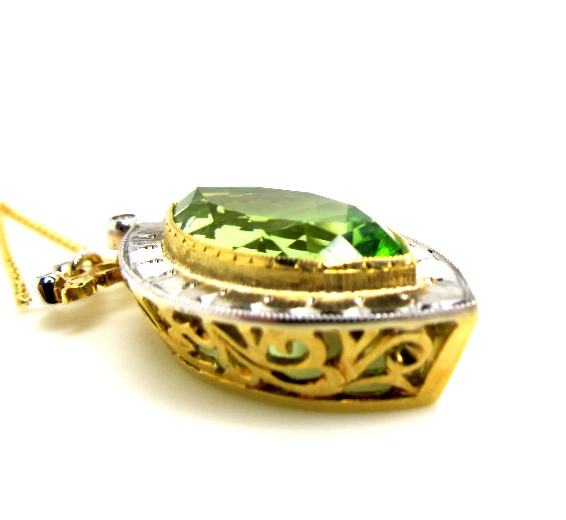 7.48 Carat Peridot Marquise, Diamond Halo, Handmade Bezel Yellow Gold Necklace