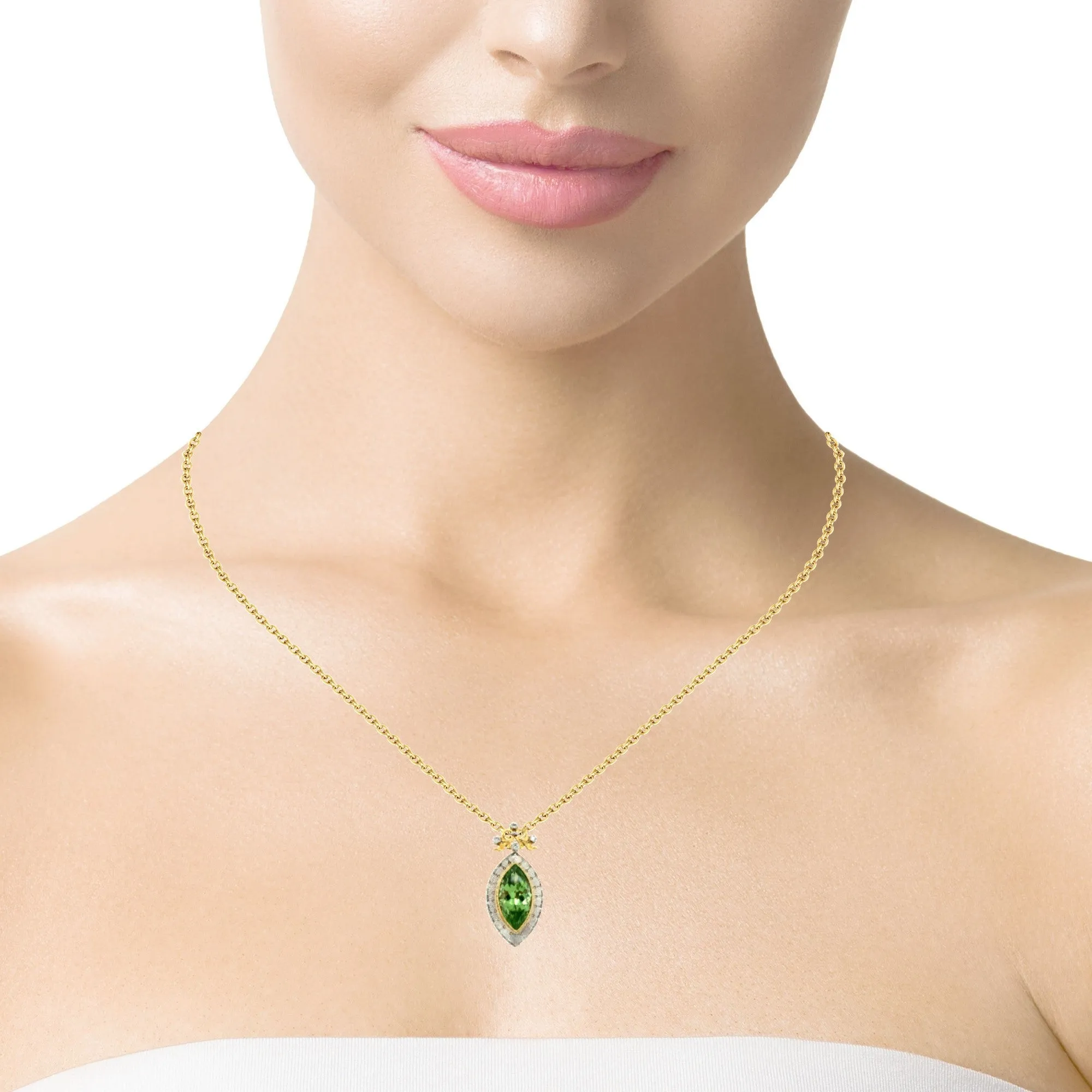 7.48 Carat Peridot Marquise, Diamond Halo, Handmade Bezel Yellow Gold Necklace