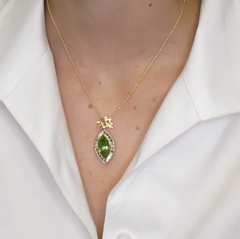 7.48 Carat Peridot Marquise, Diamond Halo, Handmade Bezel Yellow Gold Necklace