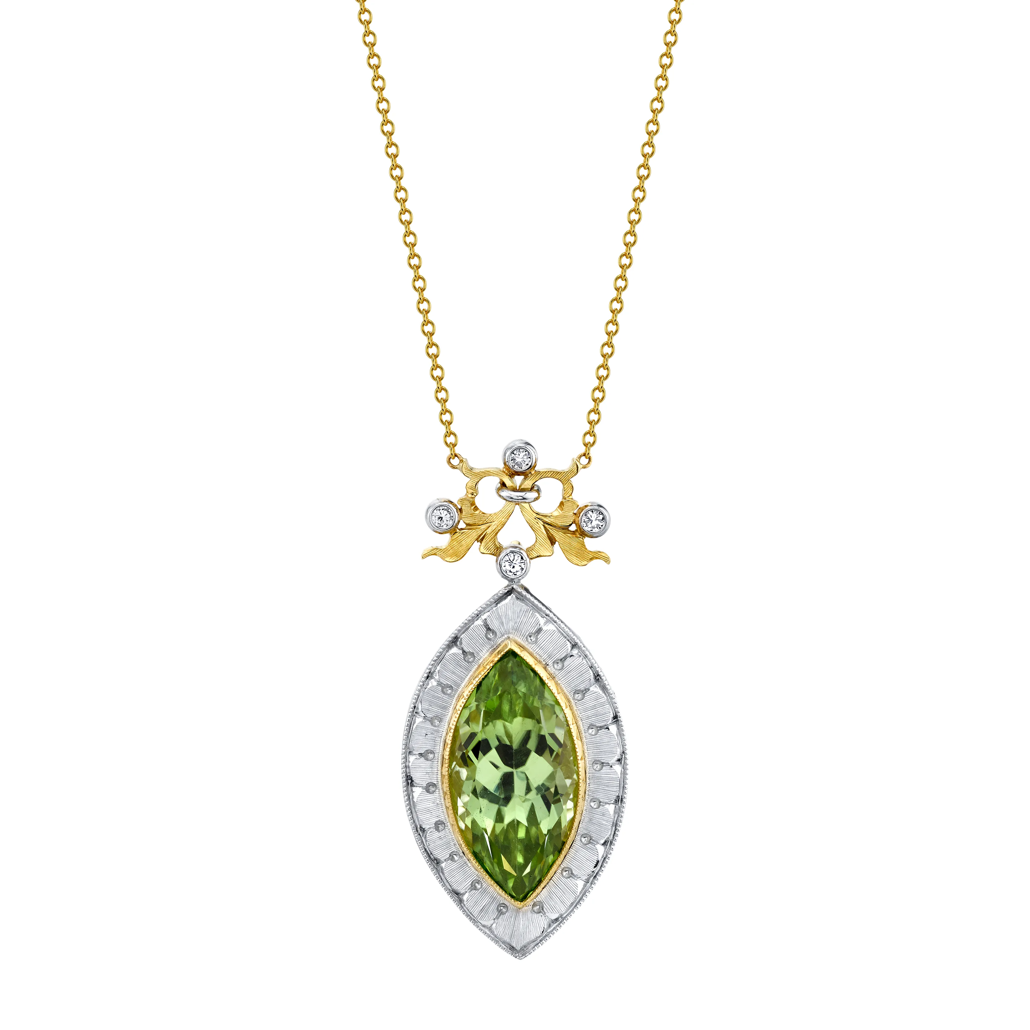 7.48 Carat Peridot Marquise, Diamond Halo, Handmade Bezel Yellow Gold Necklace