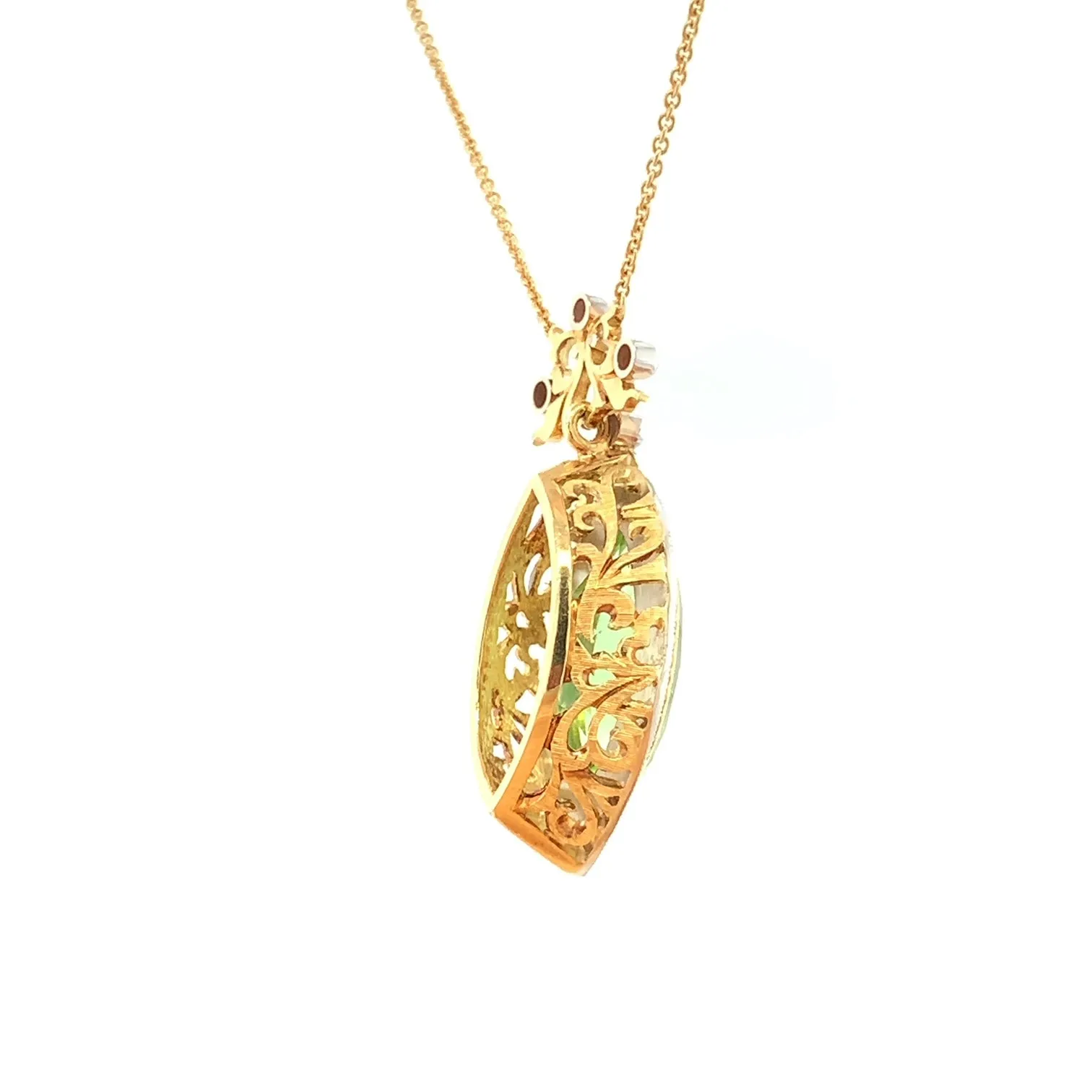 7.48 Carat Peridot Marquise, Diamond Halo, Handmade Bezel Yellow Gold Necklace