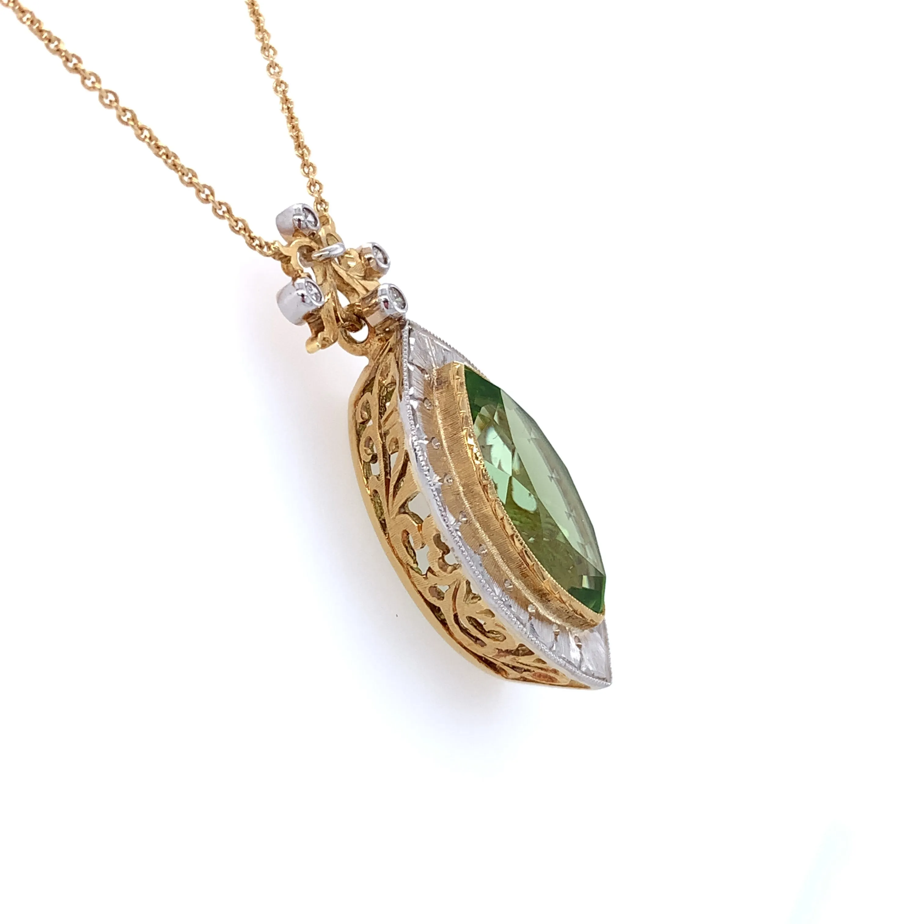 7.48 Carat Peridot Marquise, Diamond Halo, Handmade Bezel Yellow Gold Necklace