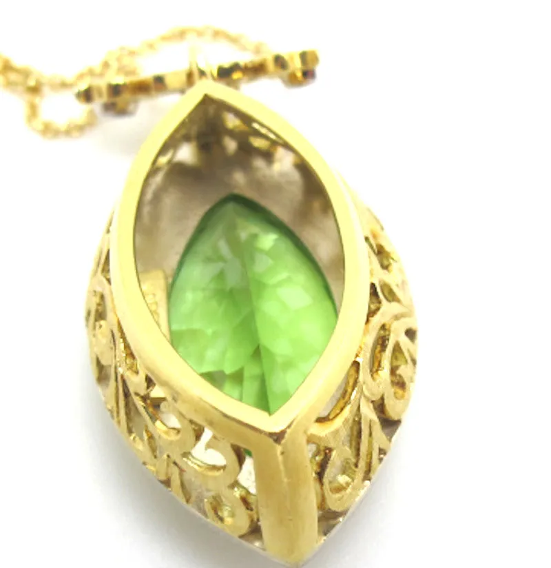 7.48 Carat Peridot Marquise, Diamond Halo, Handmade Bezel Yellow Gold Necklace
