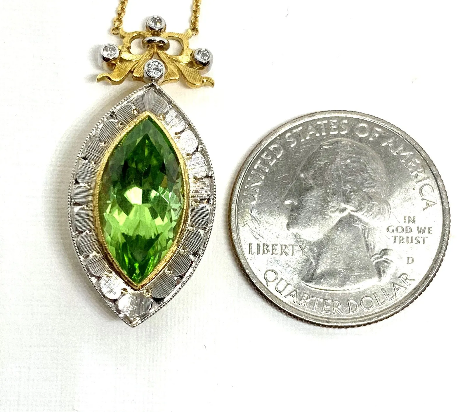 7.48 Carat Peridot Marquise, Diamond Halo, Handmade Bezel Yellow Gold Necklace
