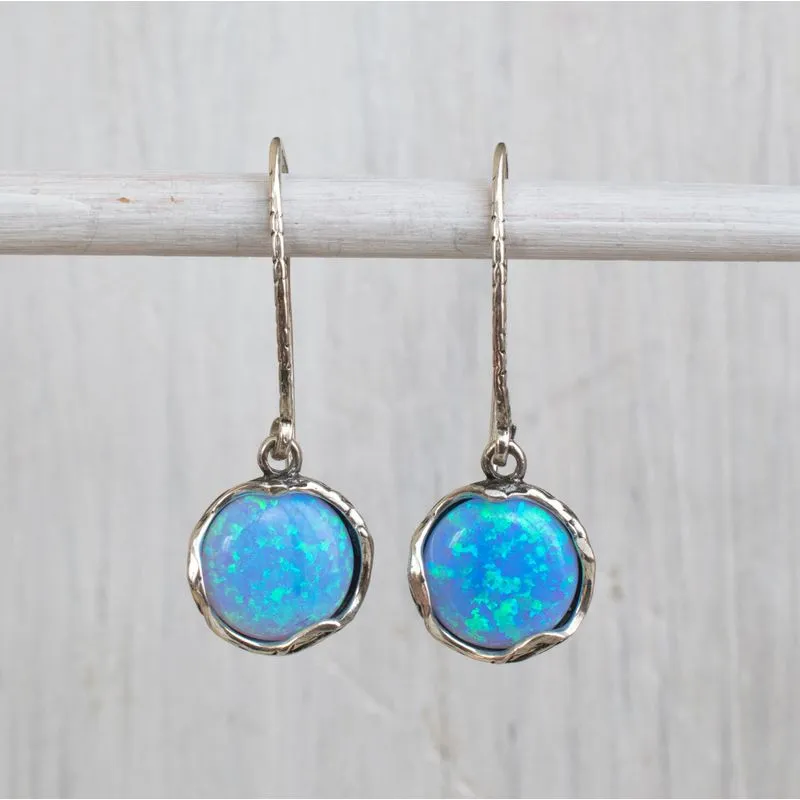 925 Sterling Silver Round Blue Opal 12mm Dangle Earrings