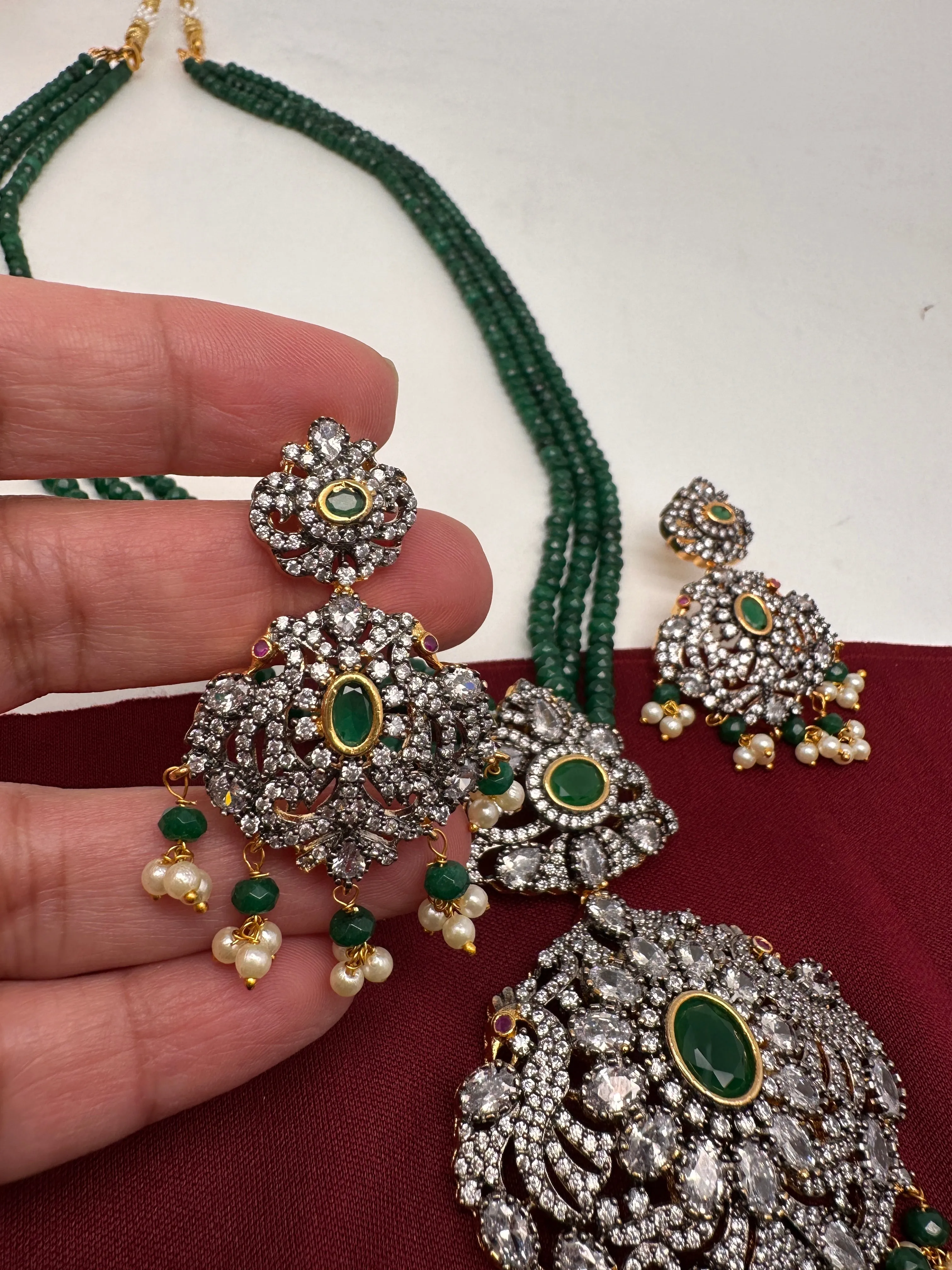 AD Green Stone Pendent Emerald Green Beads Mala