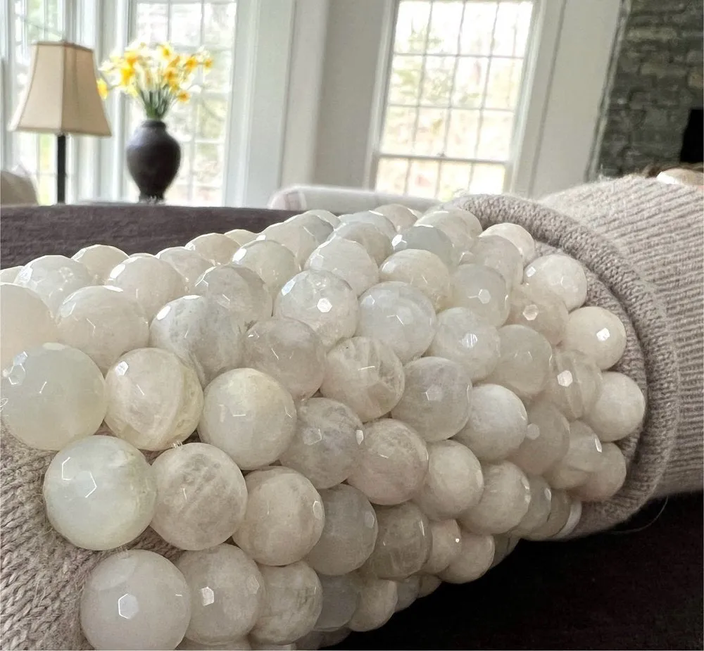 ANN LIGHTFOOT - FACETED 12MM WHITE MOONSTONE ELASTIC CUFF BRACELET