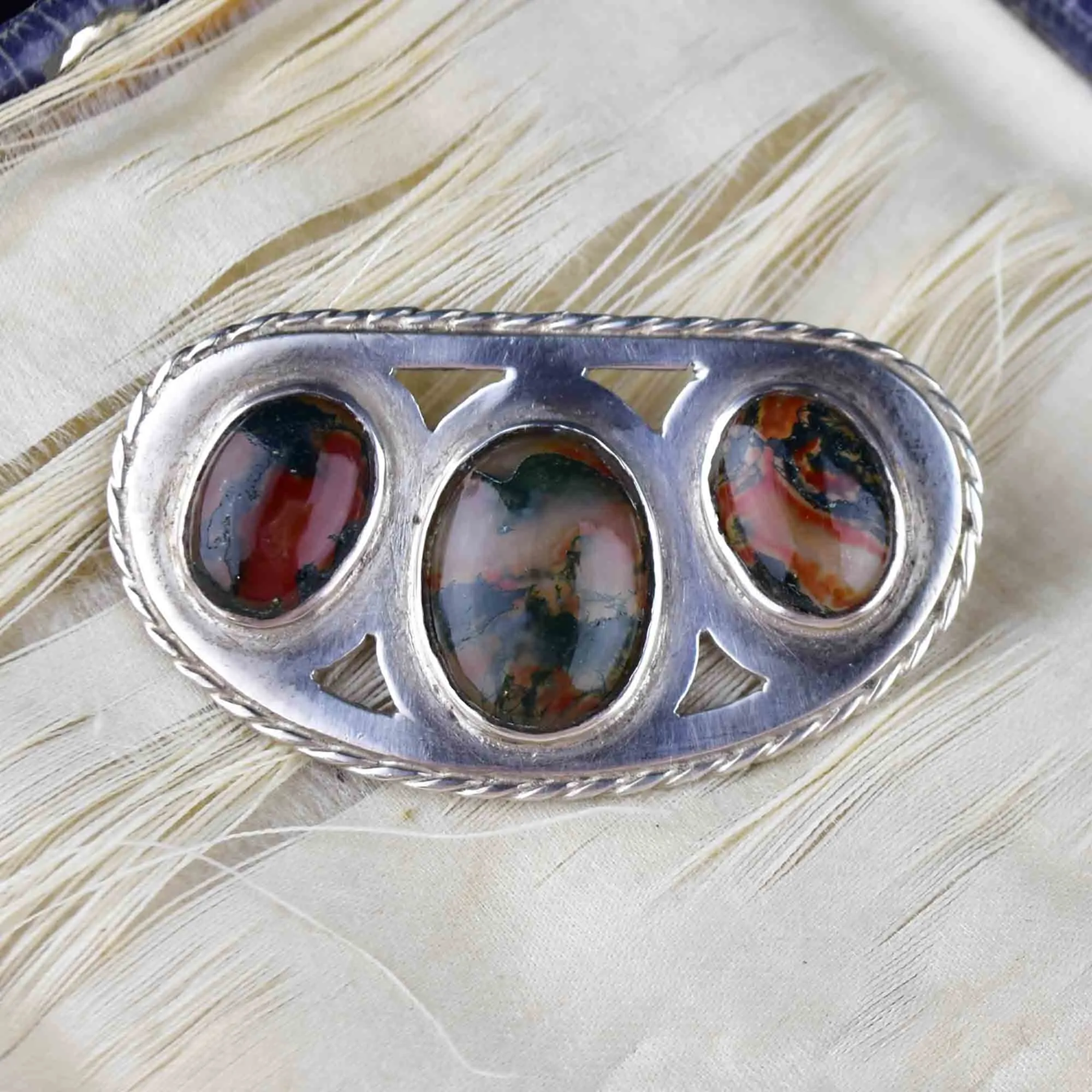 Antique Silver Scottish Moss Agate Brooch