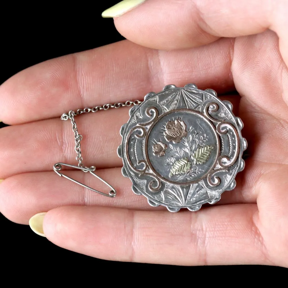 Antique Victorian Sterling Silver Floral Brooch Circa 1880