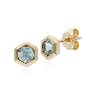 Aquamarin Ohrring, 9 Karat Gelbgold Aquamarin Hexagon Ohrstecker