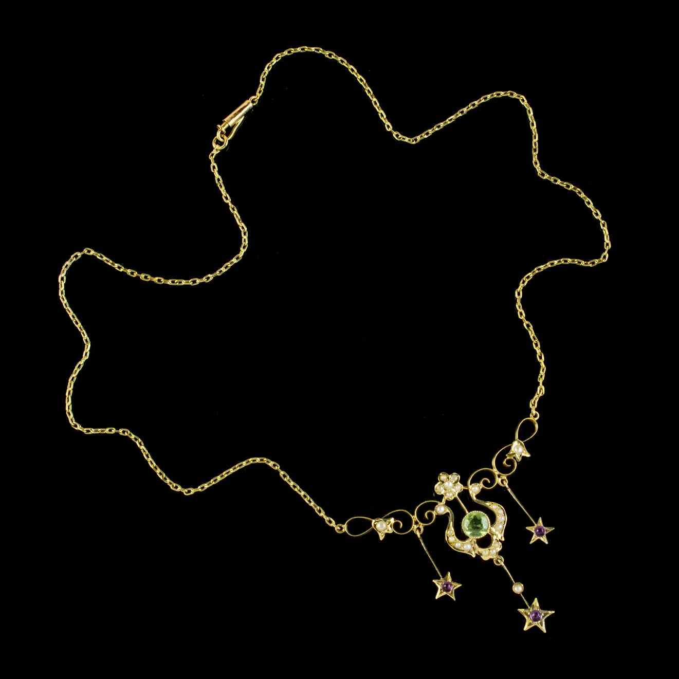 Art Deco Suffragette Floral Star Lavaliere Necklace 14Ct Gold Circa 1930