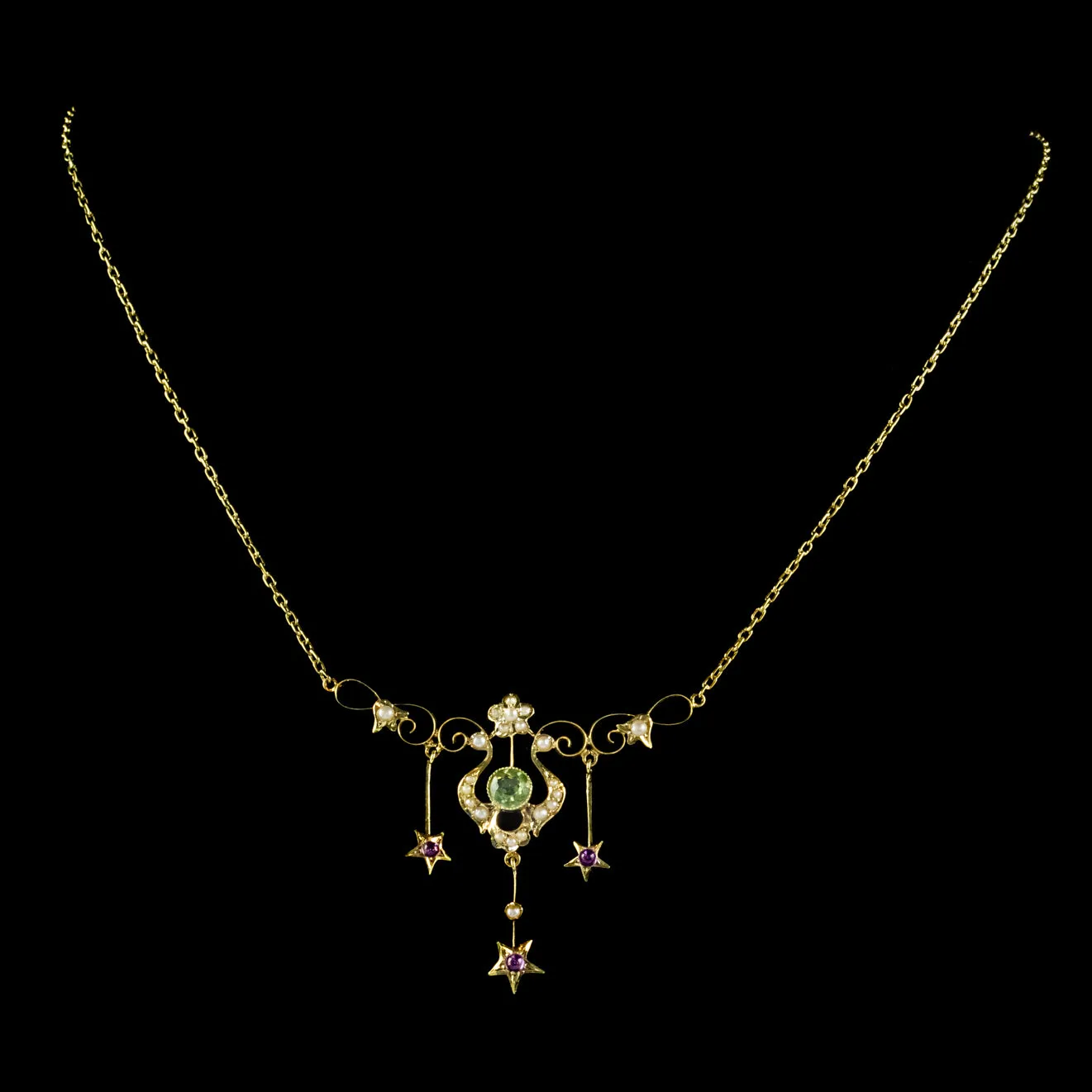 Art Deco Suffragette Floral Star Lavaliere Necklace 14Ct Gold Circa 1930