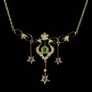 Art Deco Suffragette Floral Star Lavaliere Necklace 14Ct Gold Circa 1930