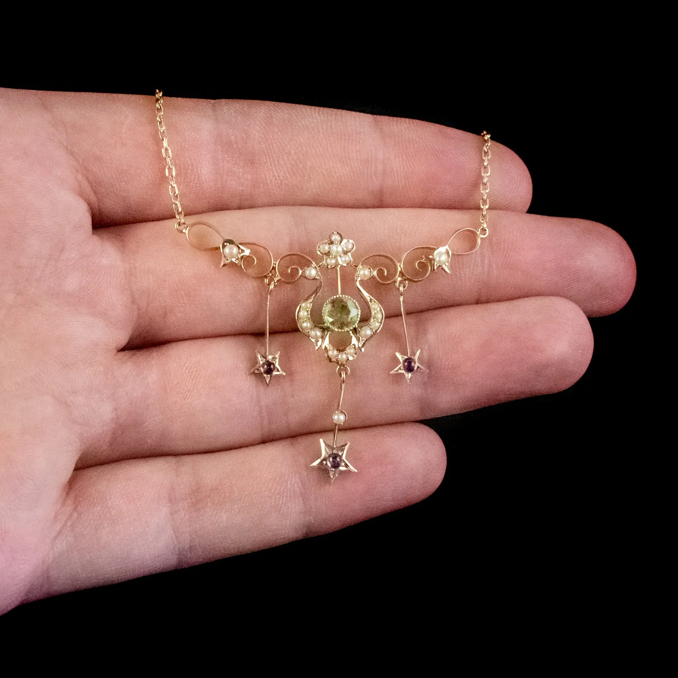 Art Deco Suffragette Floral Star Lavaliere Necklace 14Ct Gold Circa 1930