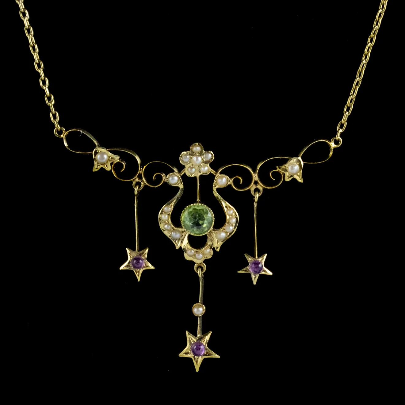 Art Deco Suffragette Floral Star Lavaliere Necklace 14Ct Gold Circa 1930