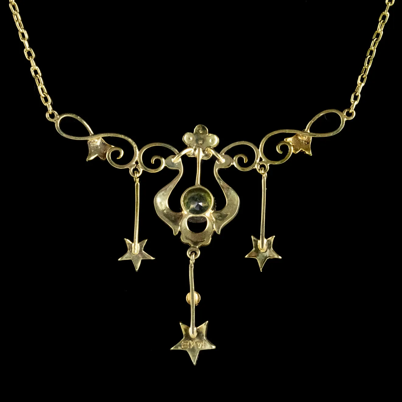 Art Deco Suffragette Floral Star Lavaliere Necklace 14Ct Gold Circa 1930