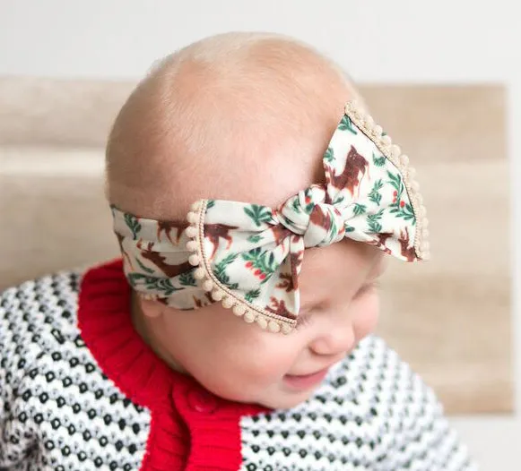 Baby Bling Reindeer w/Pom Trimmed Printed Knot Headband