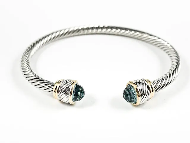 Beautiful Cable Wire Band Design Aquamarine Crystal Duo End Brass Cuff Bangle