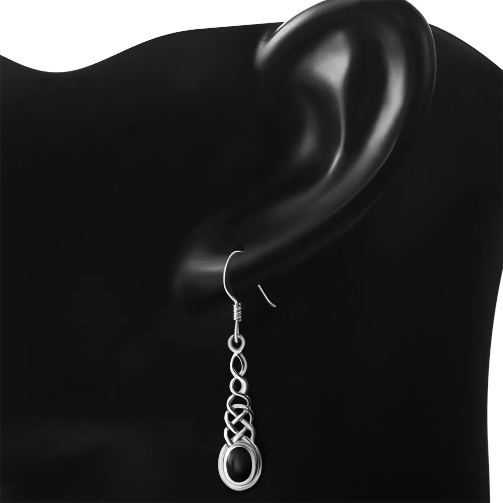 Black Onyx Long Celtic Silver Earrings