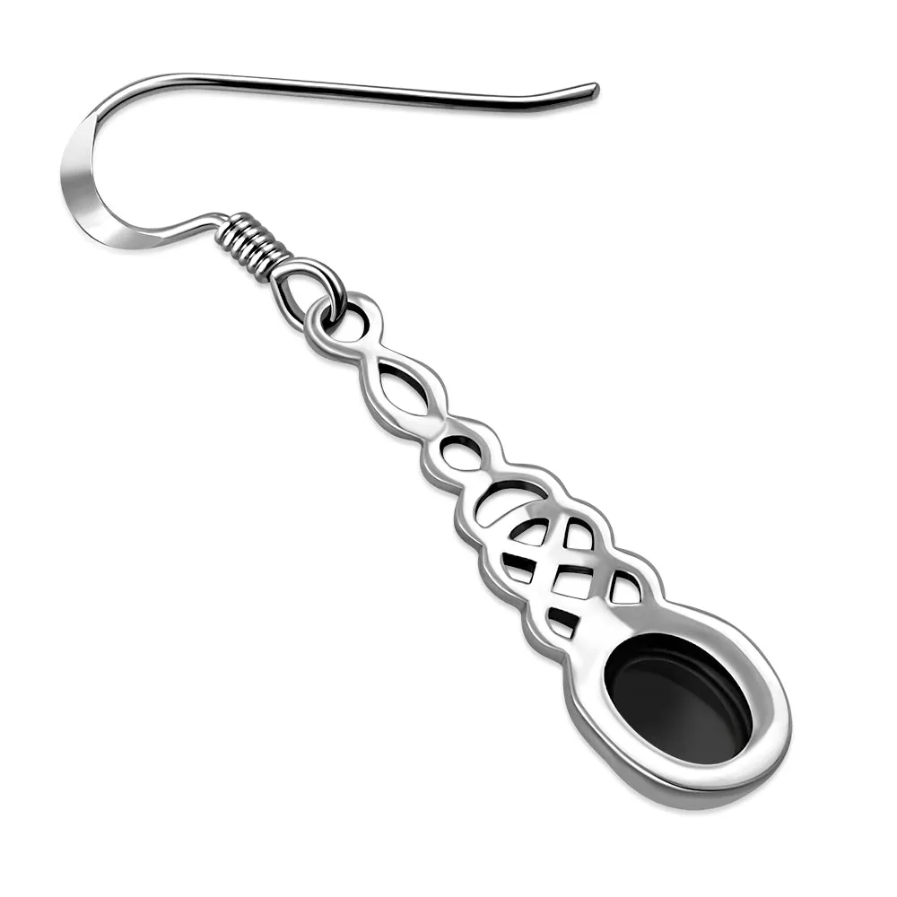 Black Onyx Long Celtic Silver Earrings