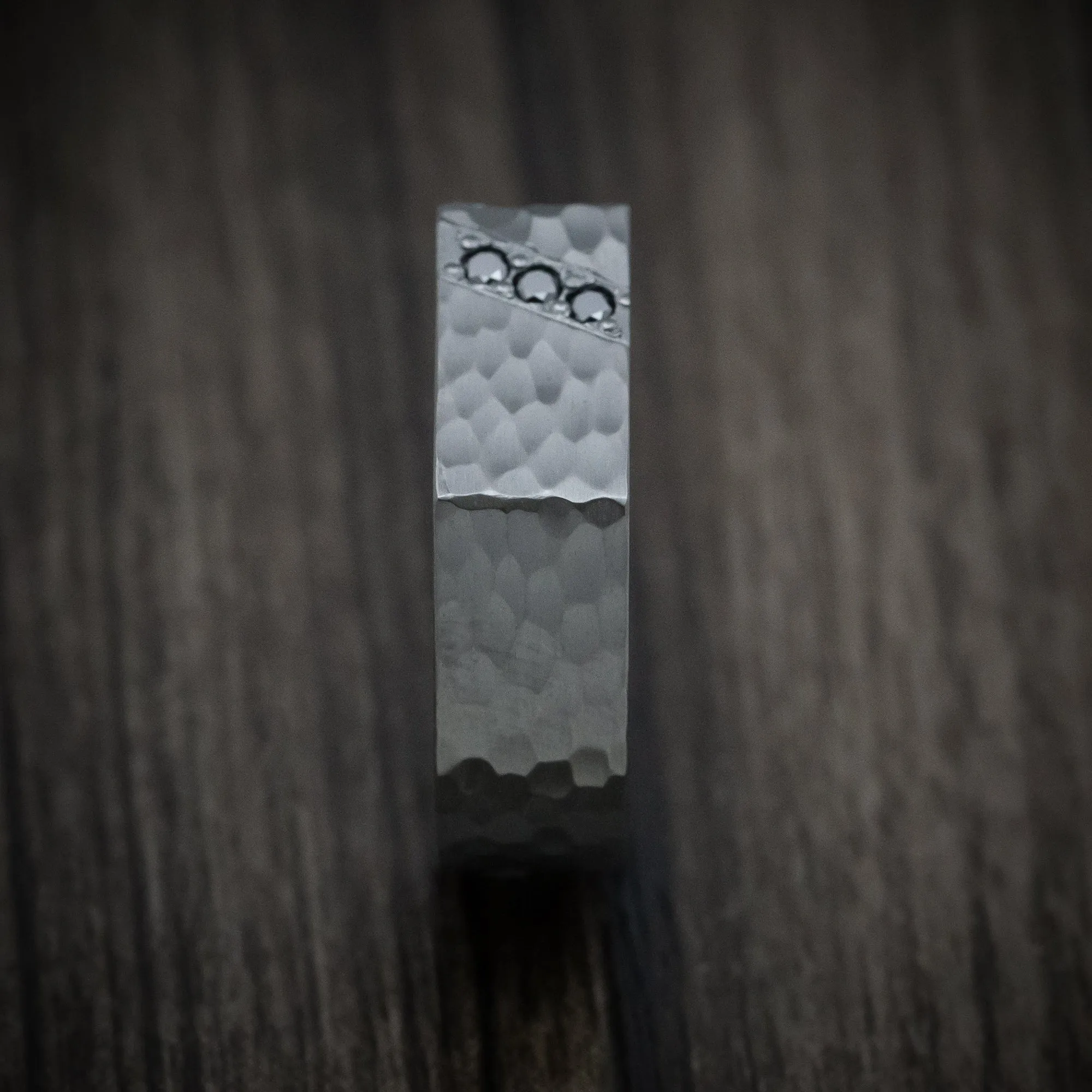 Black Titanium Hammered Signet Men's Ring with Black Diamonds