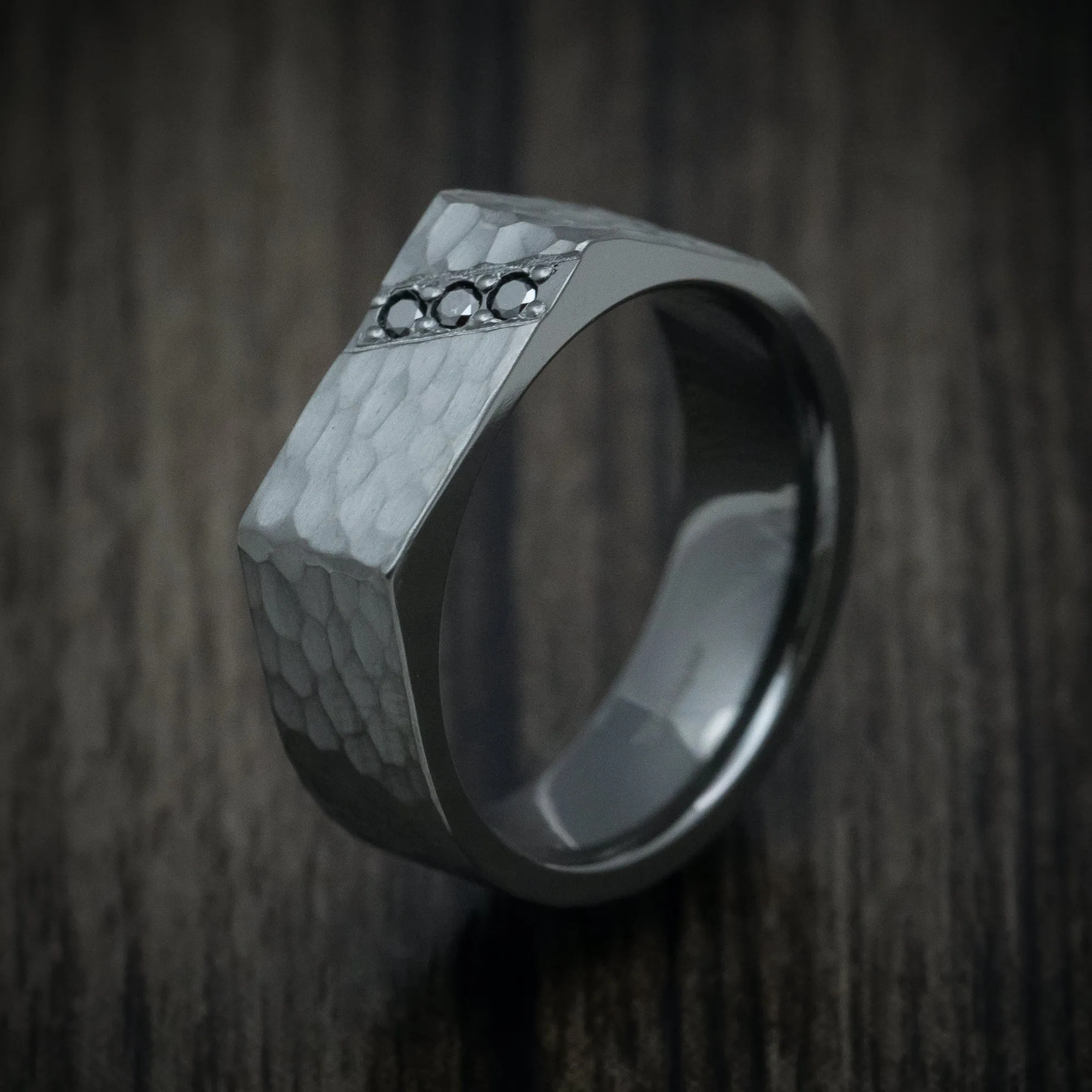 Black Titanium Hammered Signet Men's Ring with Black Diamonds