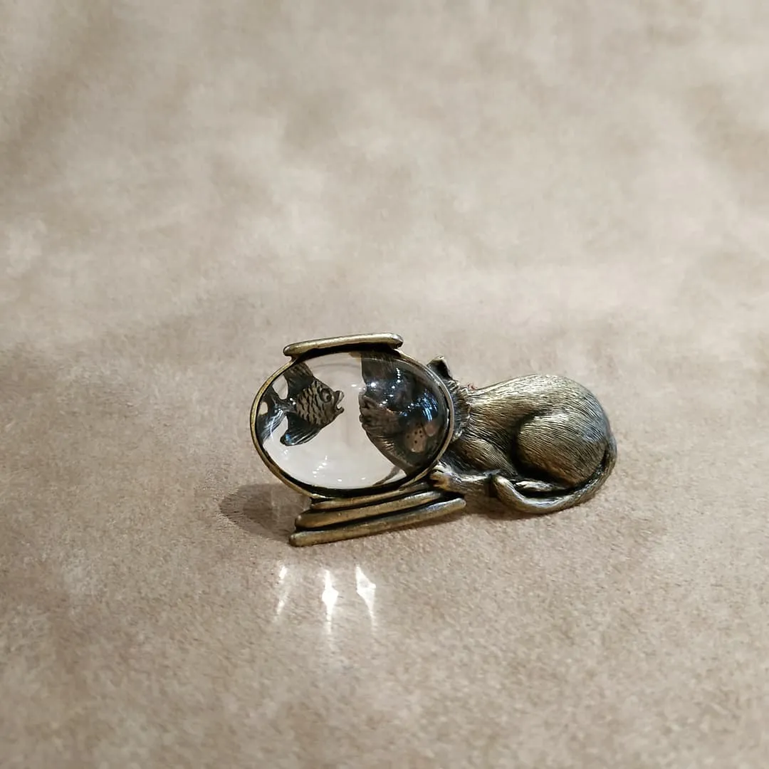 Cat and fishbowl brooch in gold tone pewter by JJ