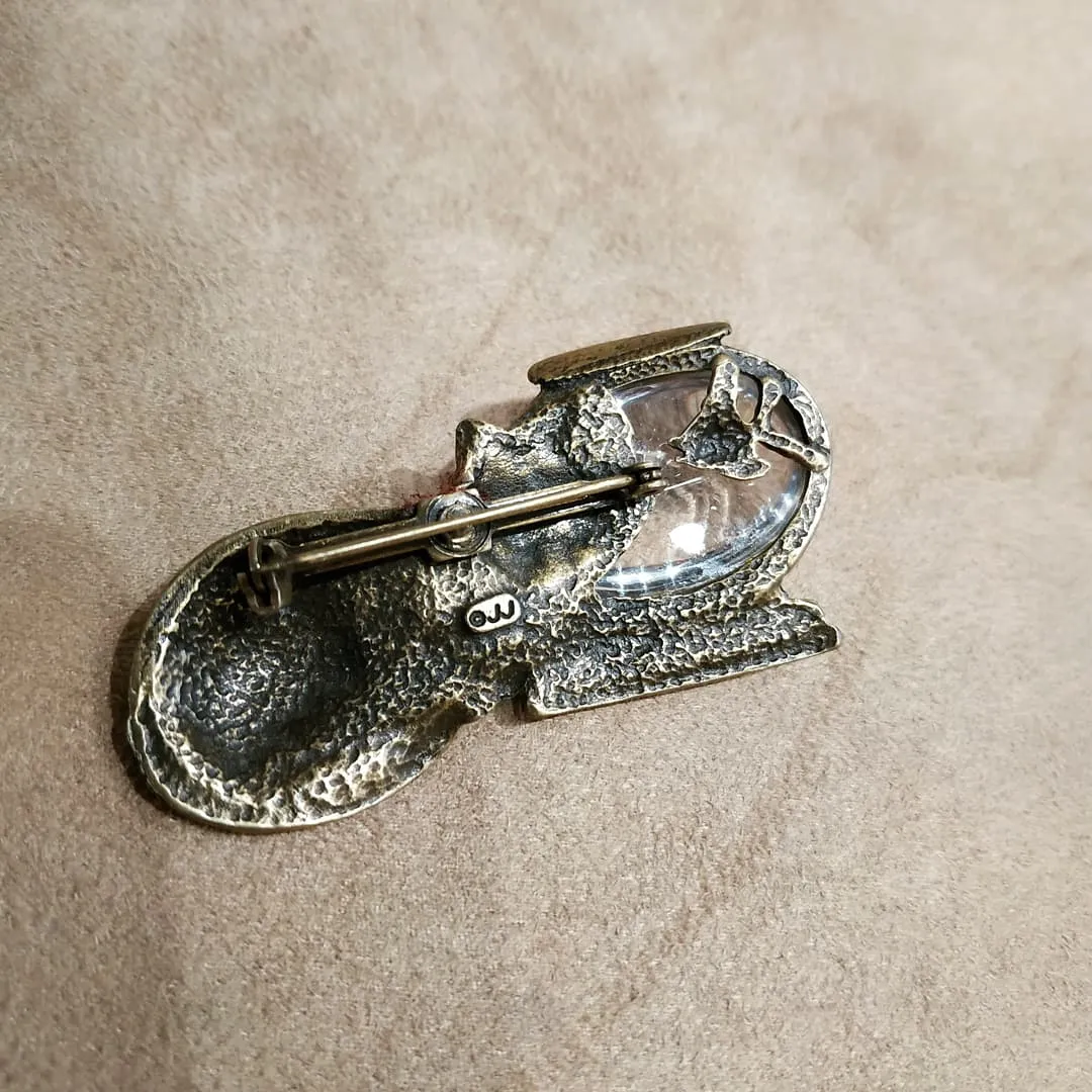 Cat and fishbowl brooch in gold tone pewter by JJ