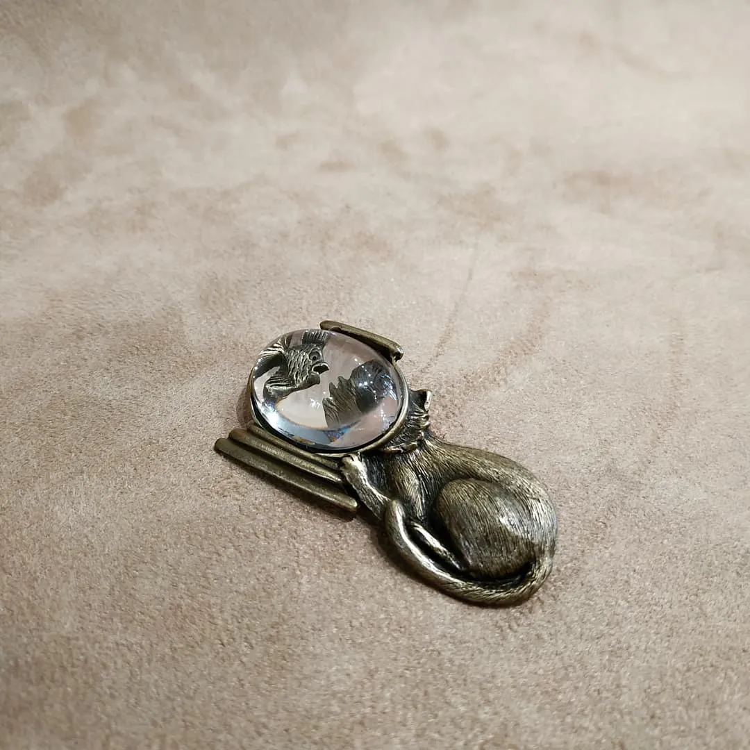 Cat and fishbowl brooch in gold tone pewter by JJ