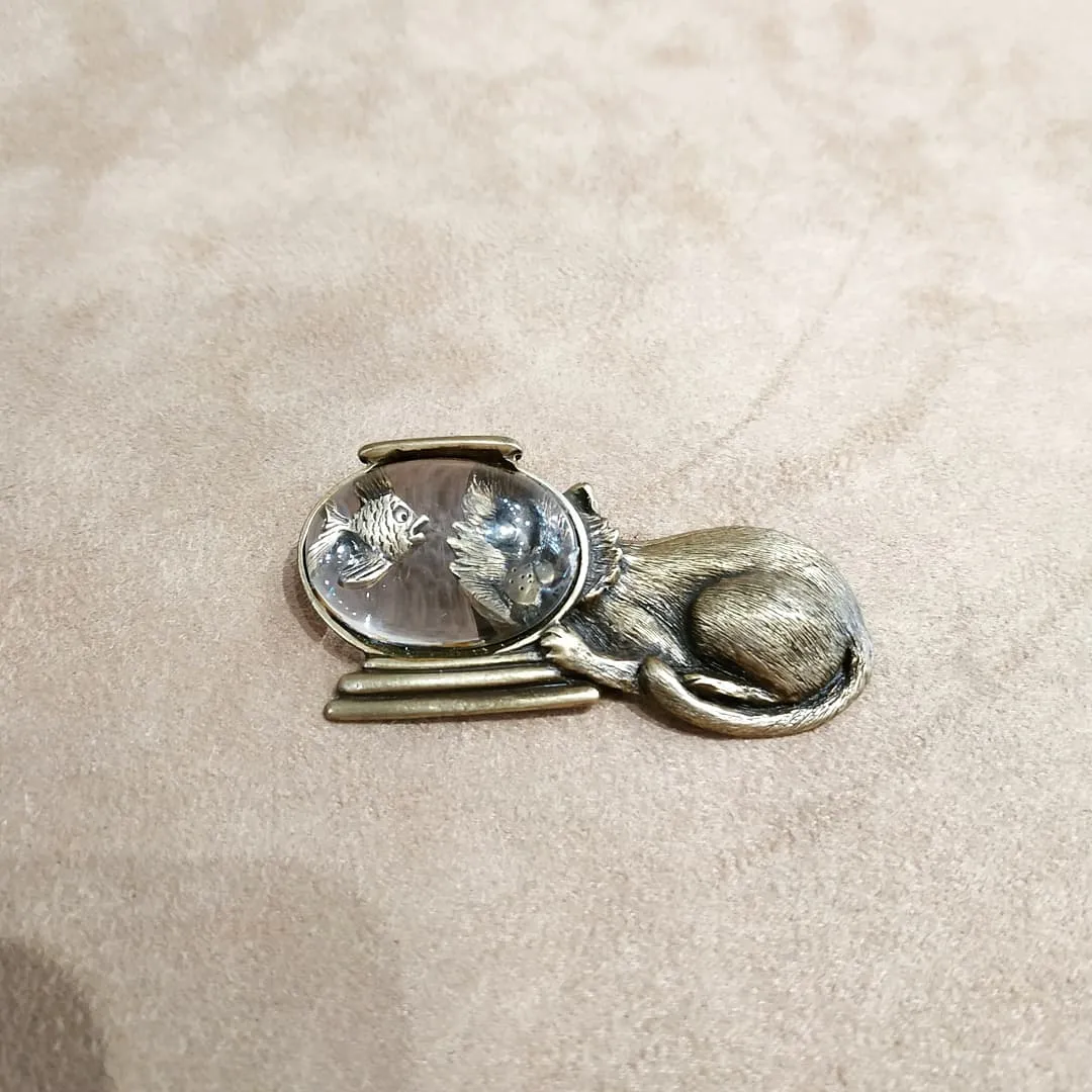 Cat and fishbowl brooch in gold tone pewter by JJ