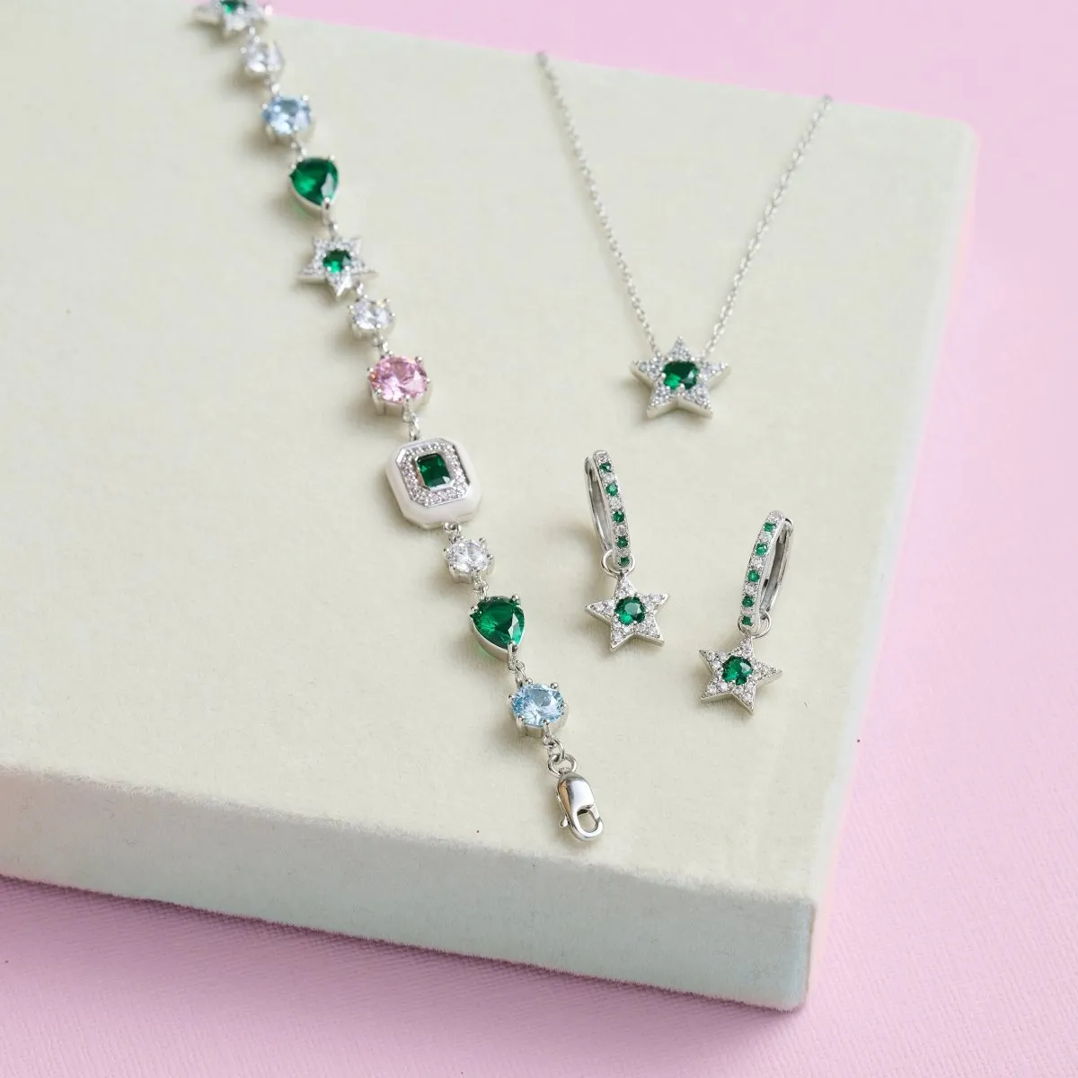 Celeste Mini Star Necklace Emerald Green, Clear CZ and Recycled Silver