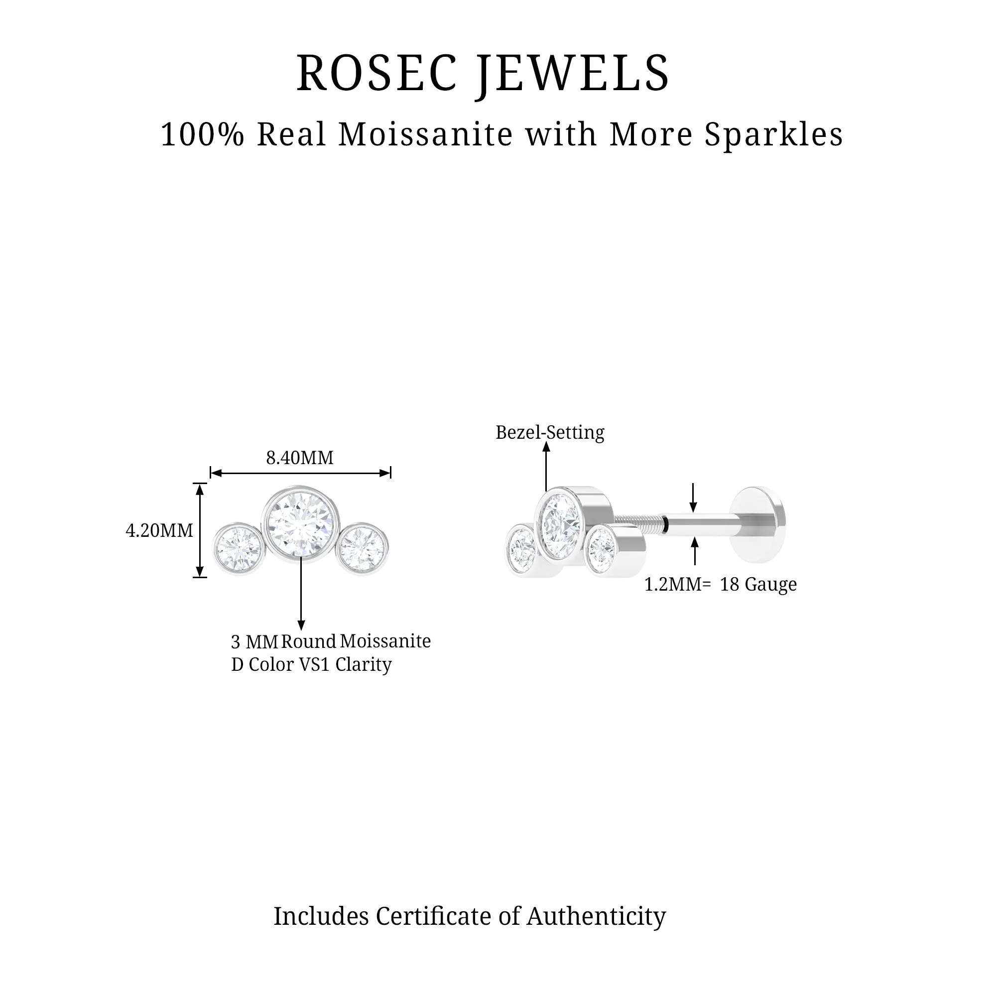 Certified Moissanite Three Stone Crawler Helix Earring