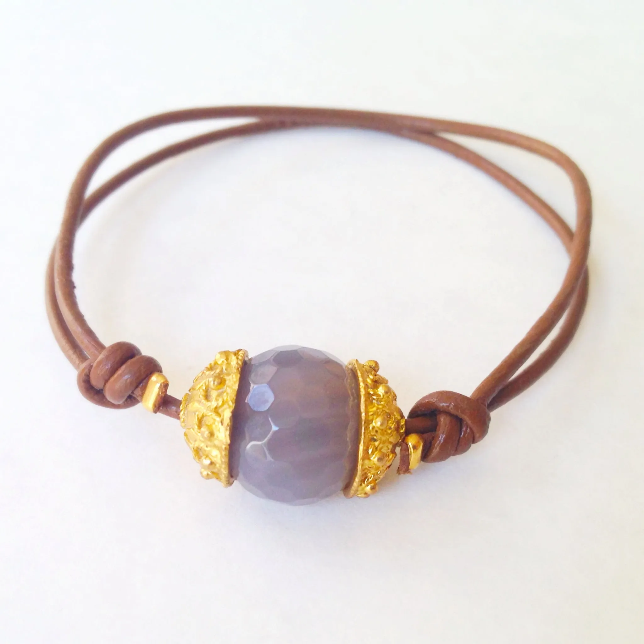 Chime Bracelet - 24k Gold Dipped Charm, Moonstone and Leather Bracelet
