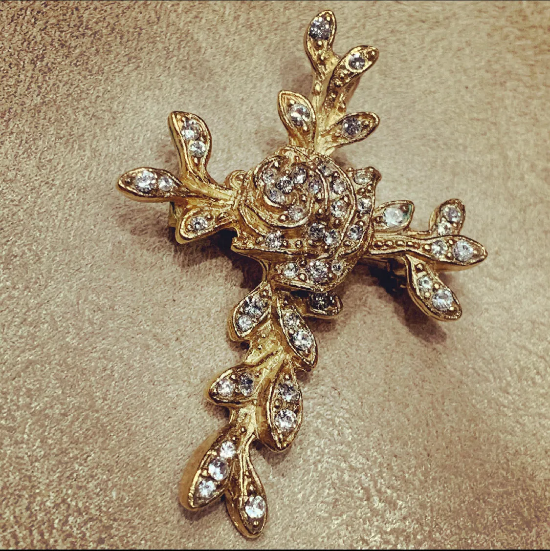 Christian Lacroix Gold Crystal Cross Brooch Pendant