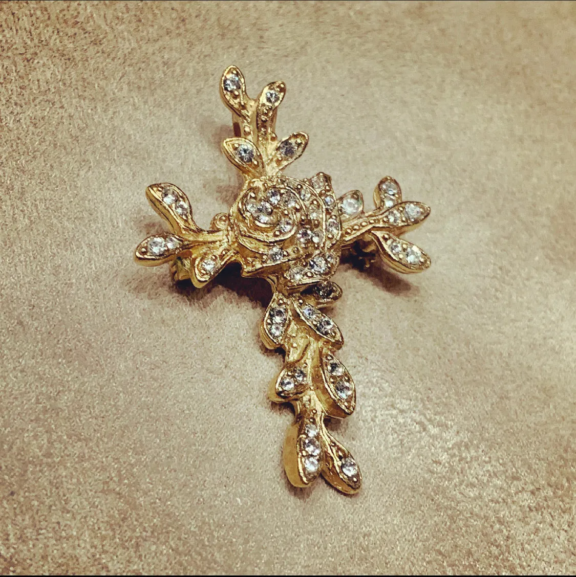 Christian Lacroix Gold Crystal Cross Brooch Pendant