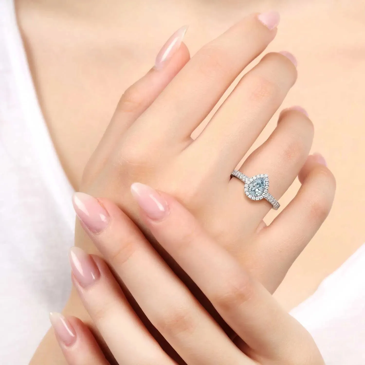 Classic Pear Aquamarine Halo Ring in Sterling Silver