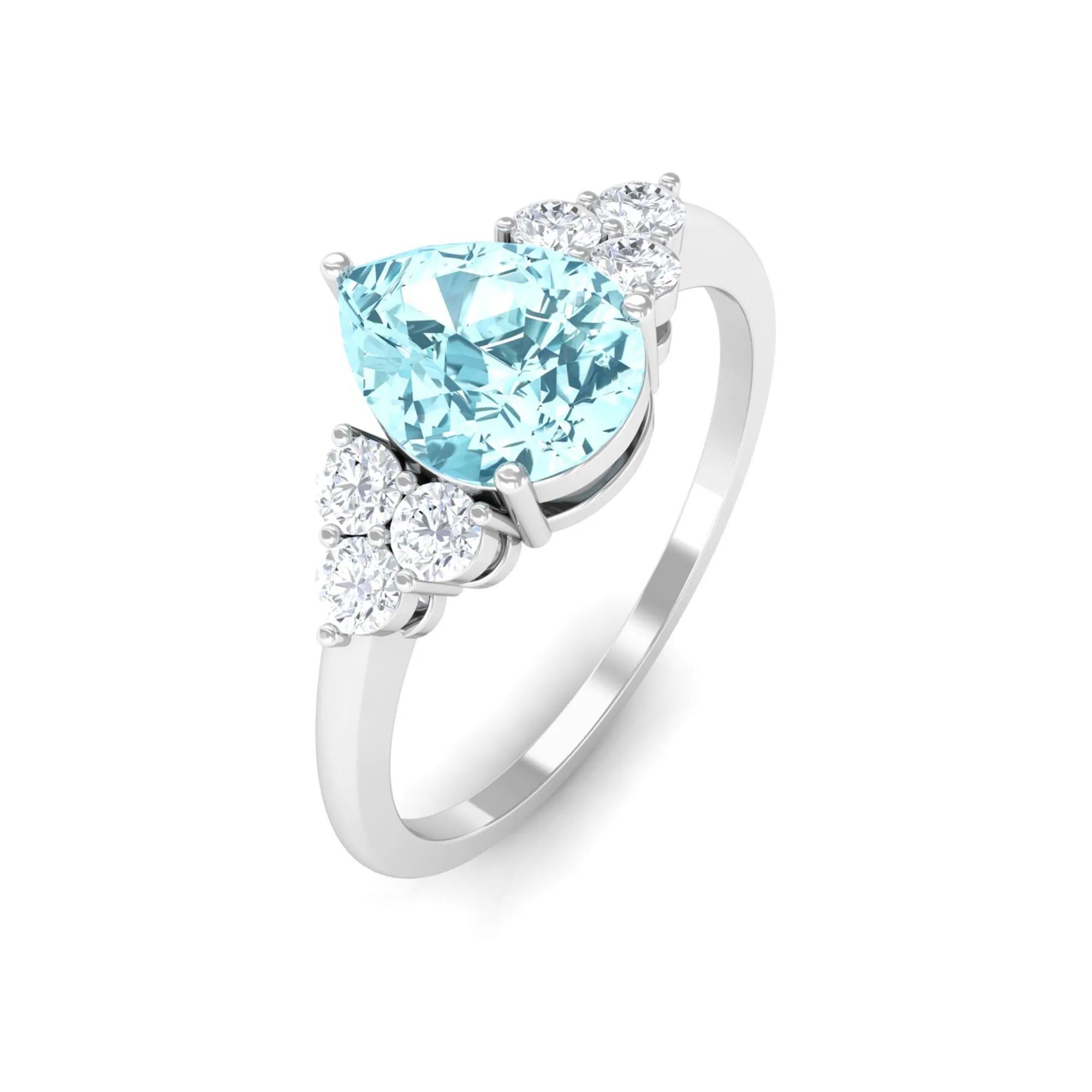 Classic Pear Shape Aquamarine Solitaire Ring with Diamond Trio