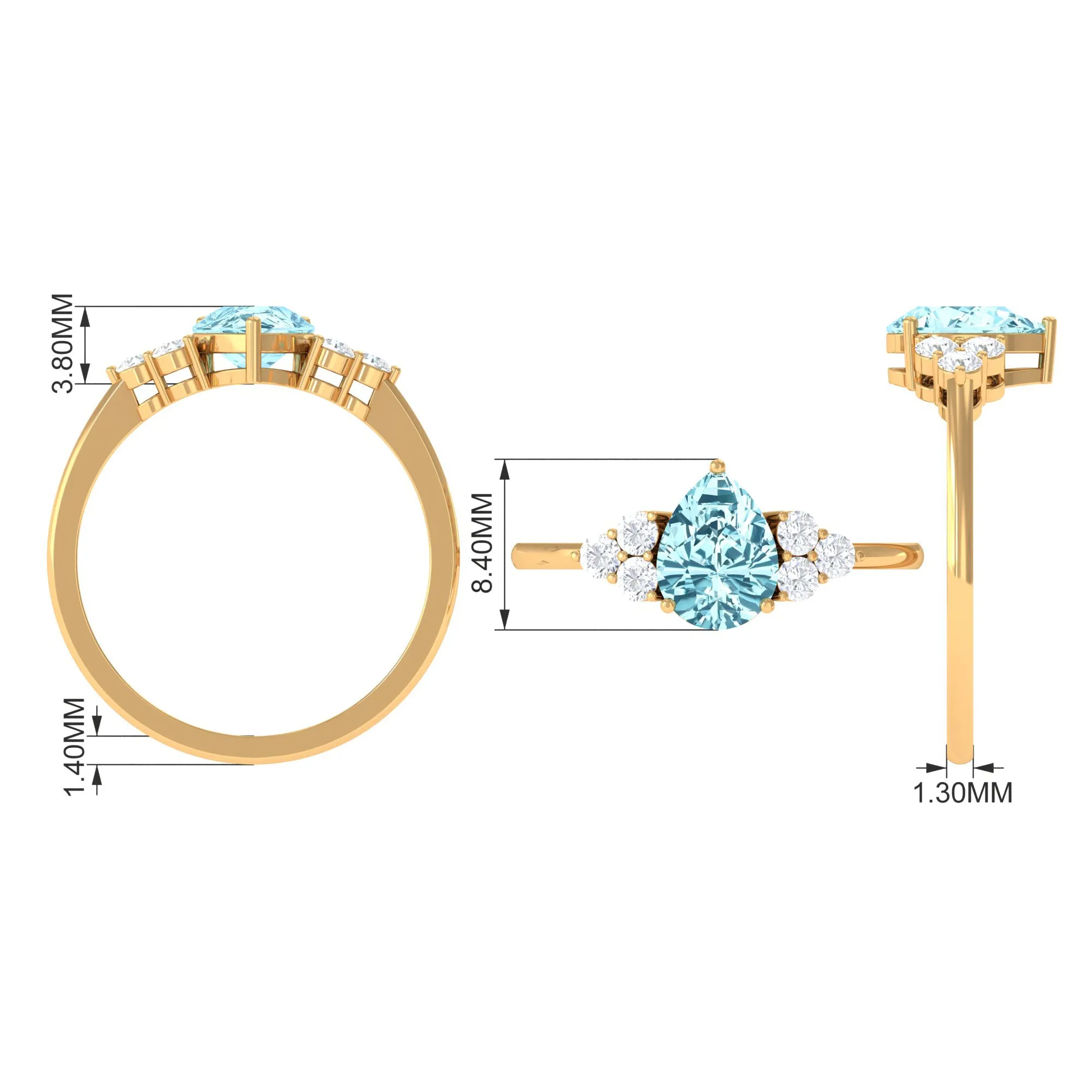 Classic Pear Shape Aquamarine Solitaire Ring with Diamond Trio