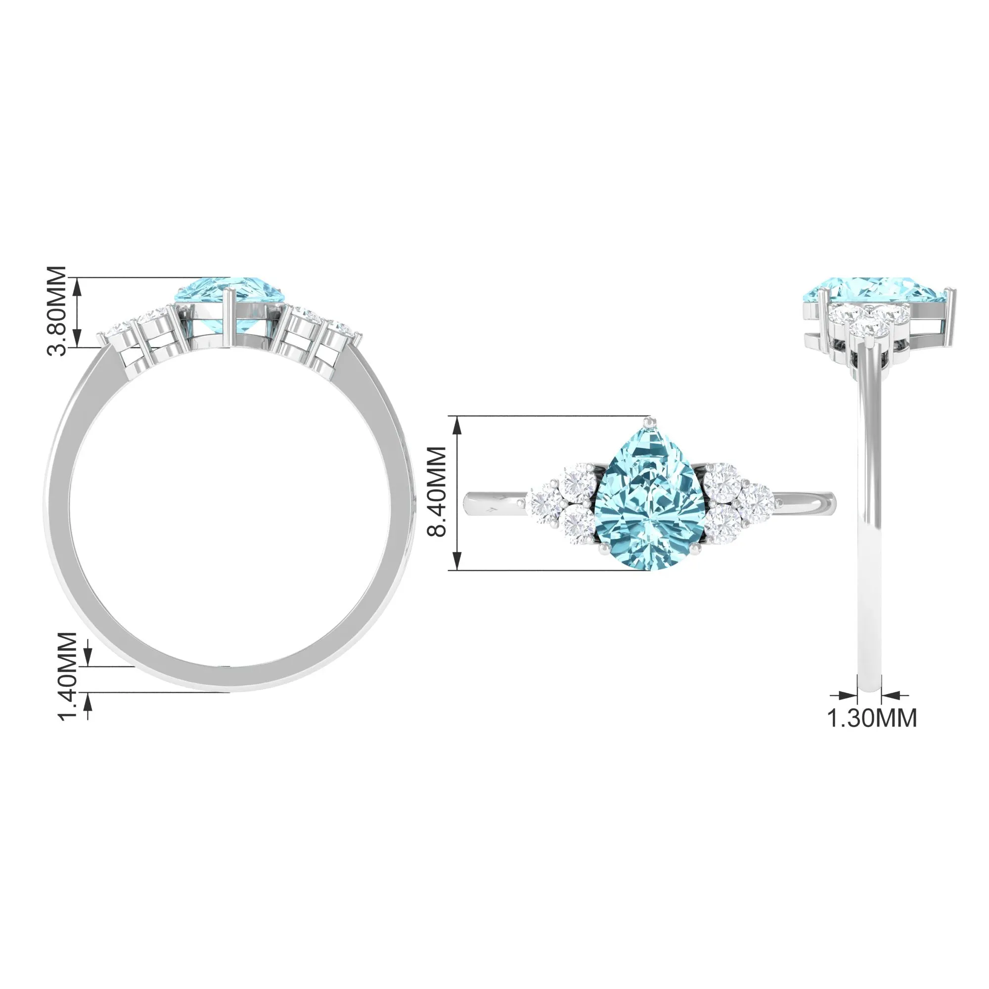 Classic Pear Shape Aquamarine Solitaire Ring with Diamond Trio