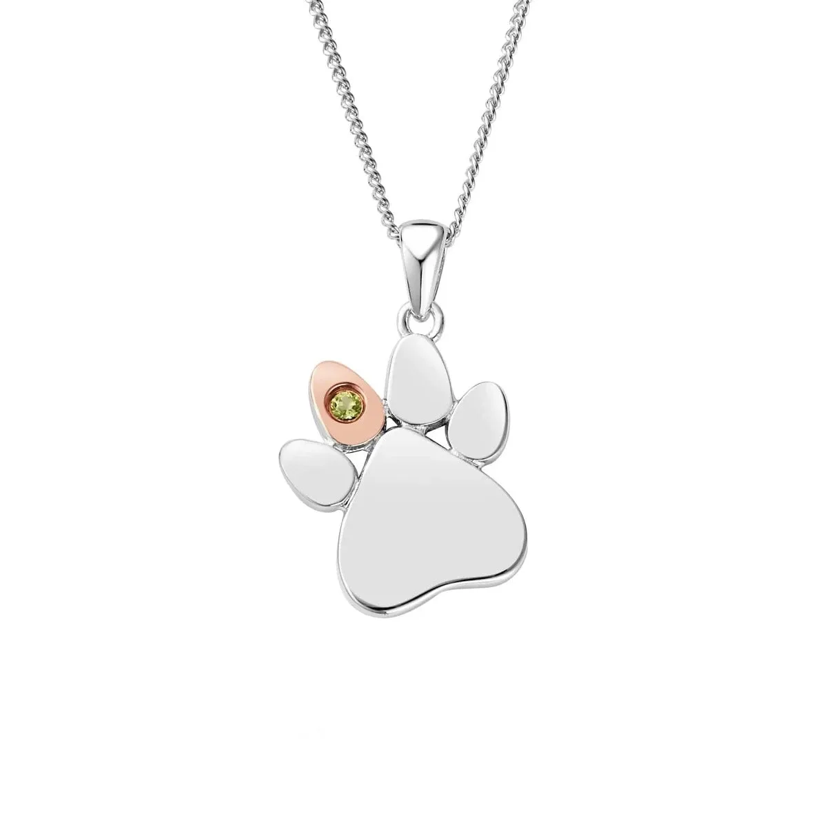 Clogau Sterling Silver Paw Prints On My Heart Necklace August Peridot Birthstone