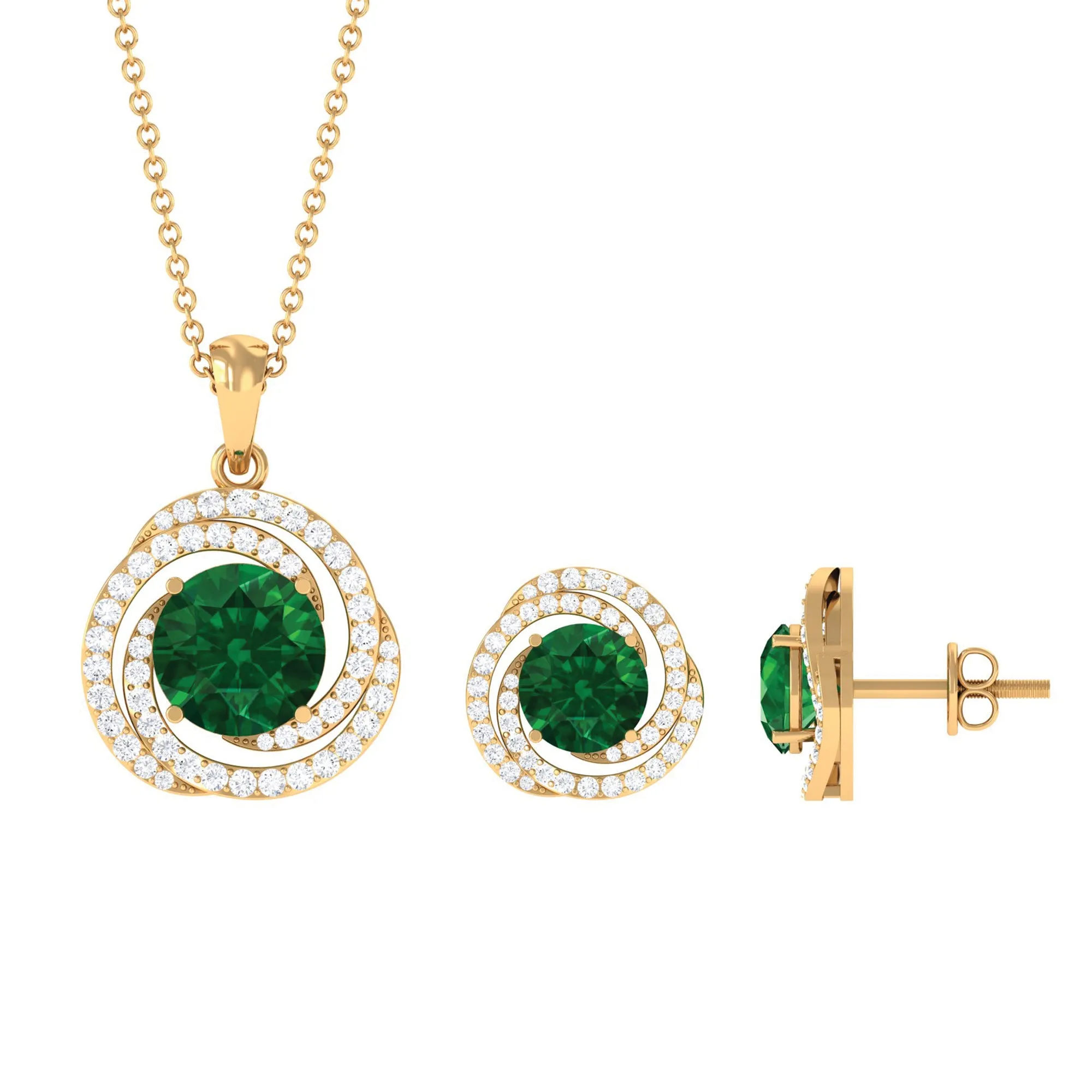 Created Emerald Swirl Pendant And Earrings Set With Moissanite