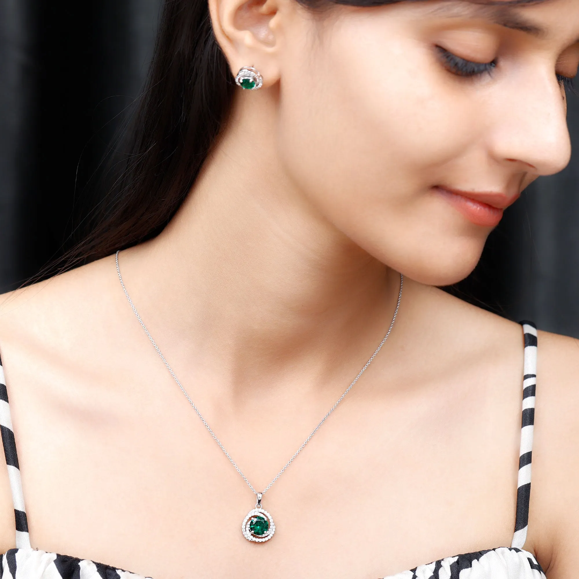 Created Emerald Swirl Pendant And Earrings Set With Moissanite