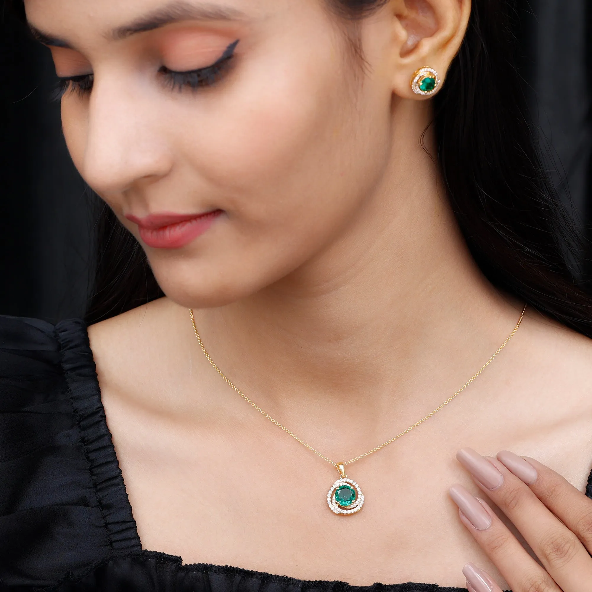 Created Emerald Swirl Pendant And Earrings Set With Moissanite