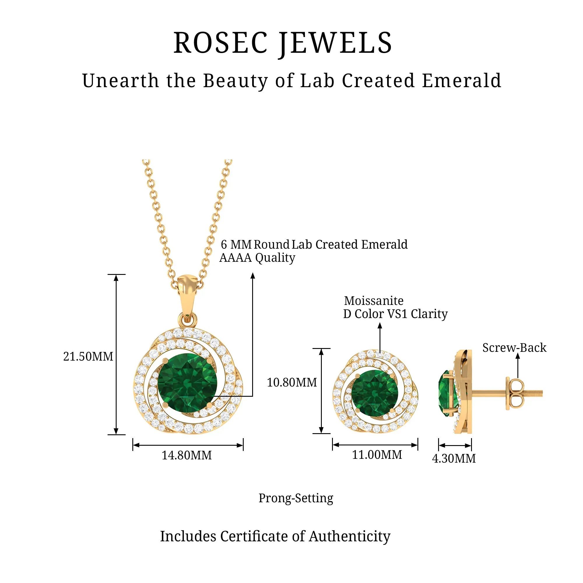 Created Emerald Swirl Pendant And Earrings Set With Moissanite