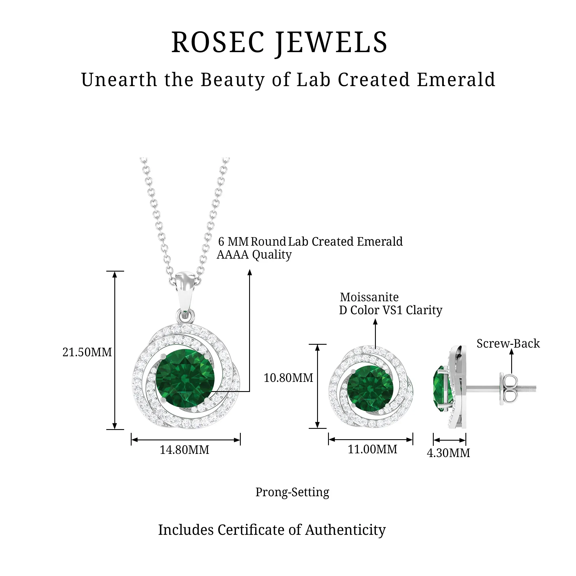Created Emerald Swirl Pendant And Earrings Set With Moissanite