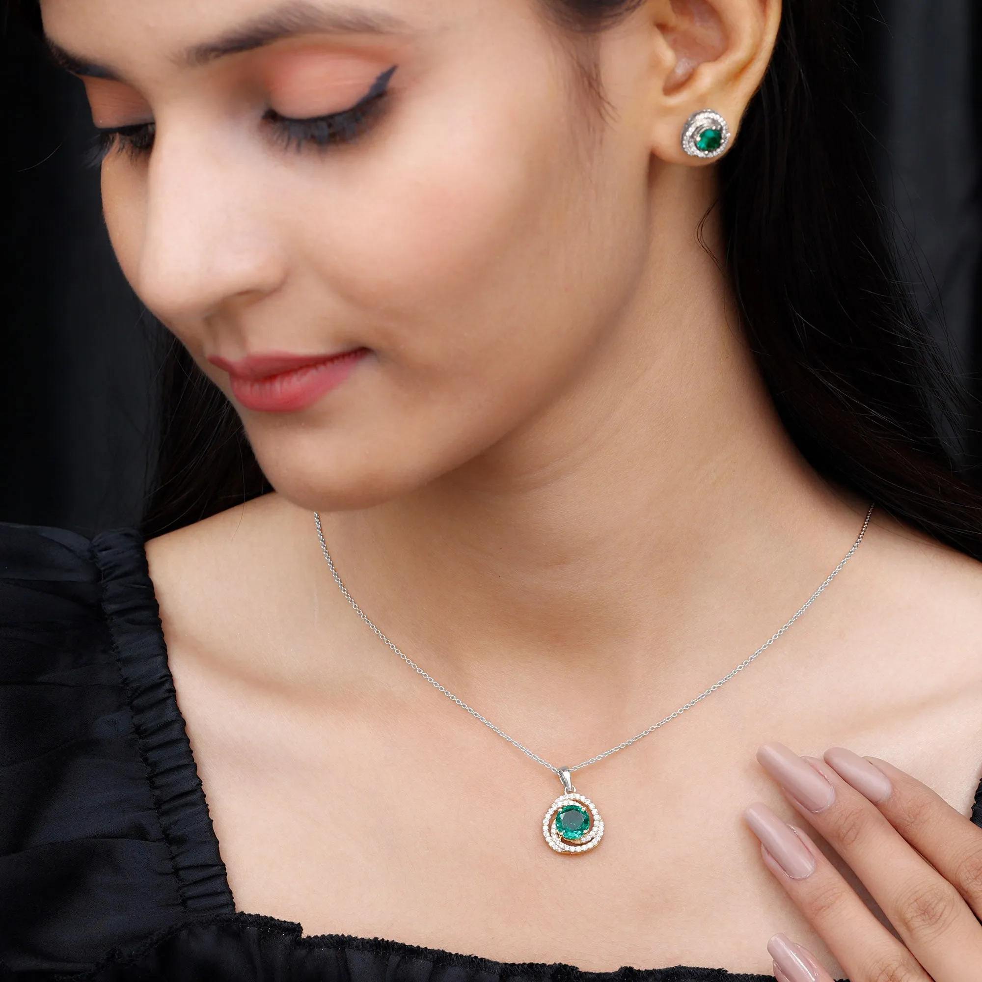 Created Emerald Swirl Pendant And Earrings Set With Moissanite