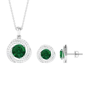 Created Emerald Swirl Pendant And Earrings Set With Moissanite
