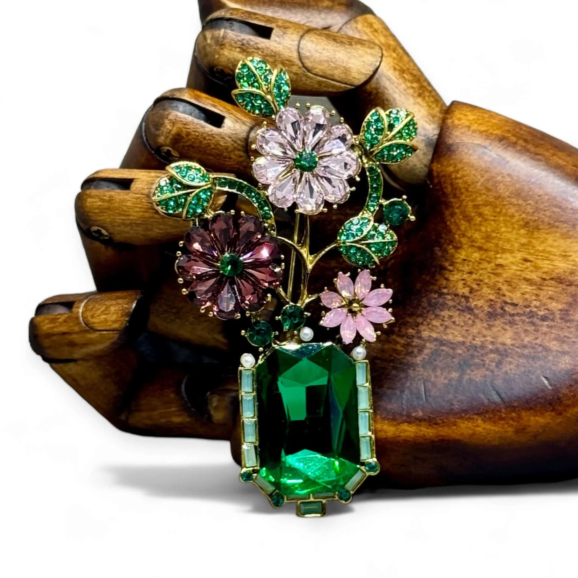 Crystal Flower Vase Statement Brooch