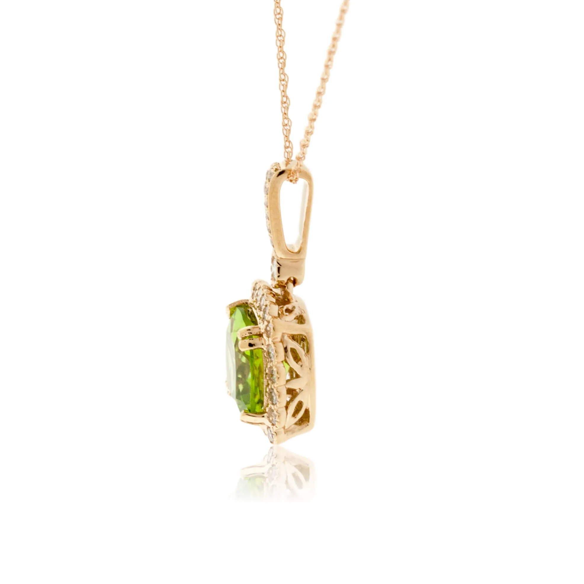 Cushion Cut Peridot & Milgrain Style Diamond Halo Pendant