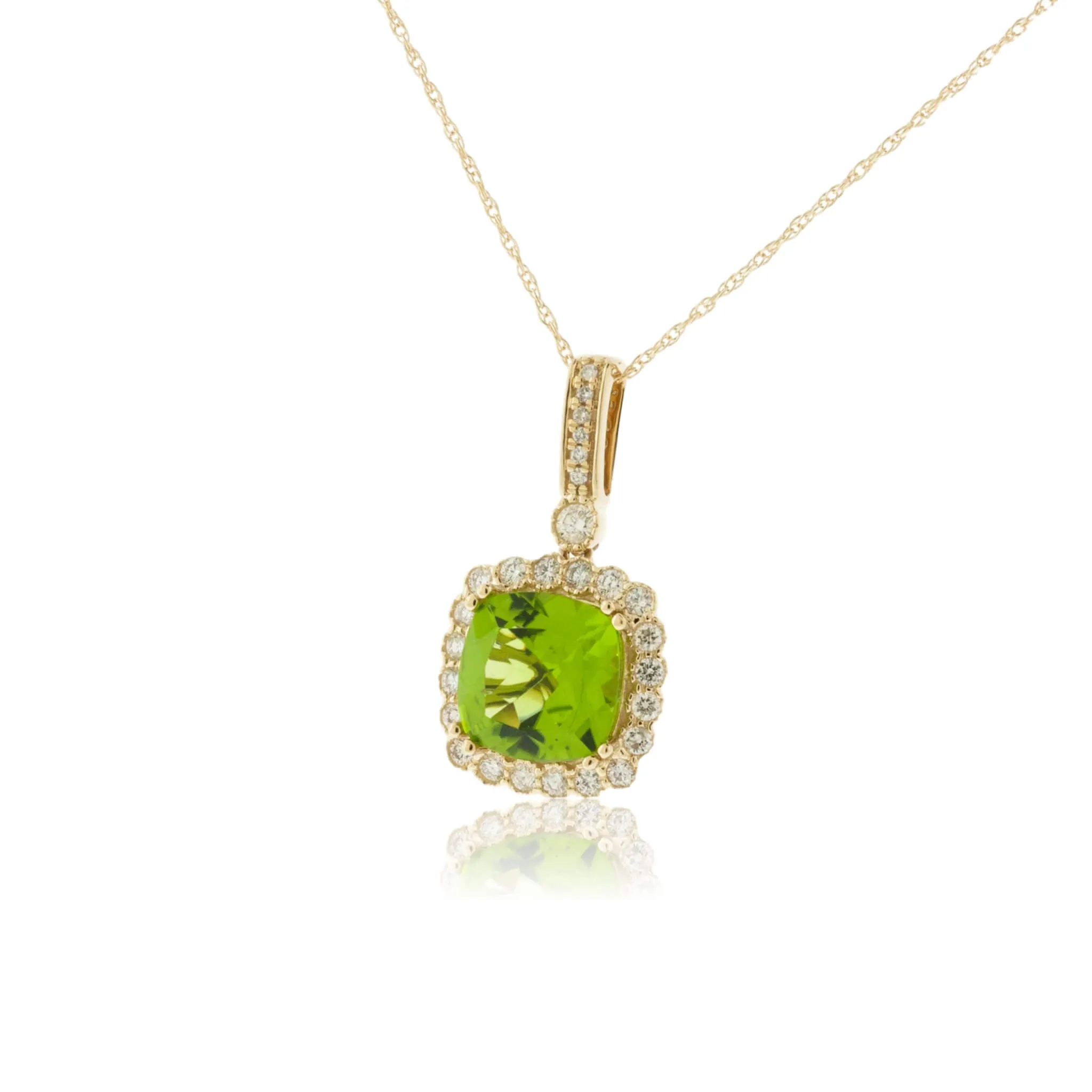 Cushion Cut Peridot & Milgrain Style Diamond Halo Pendant